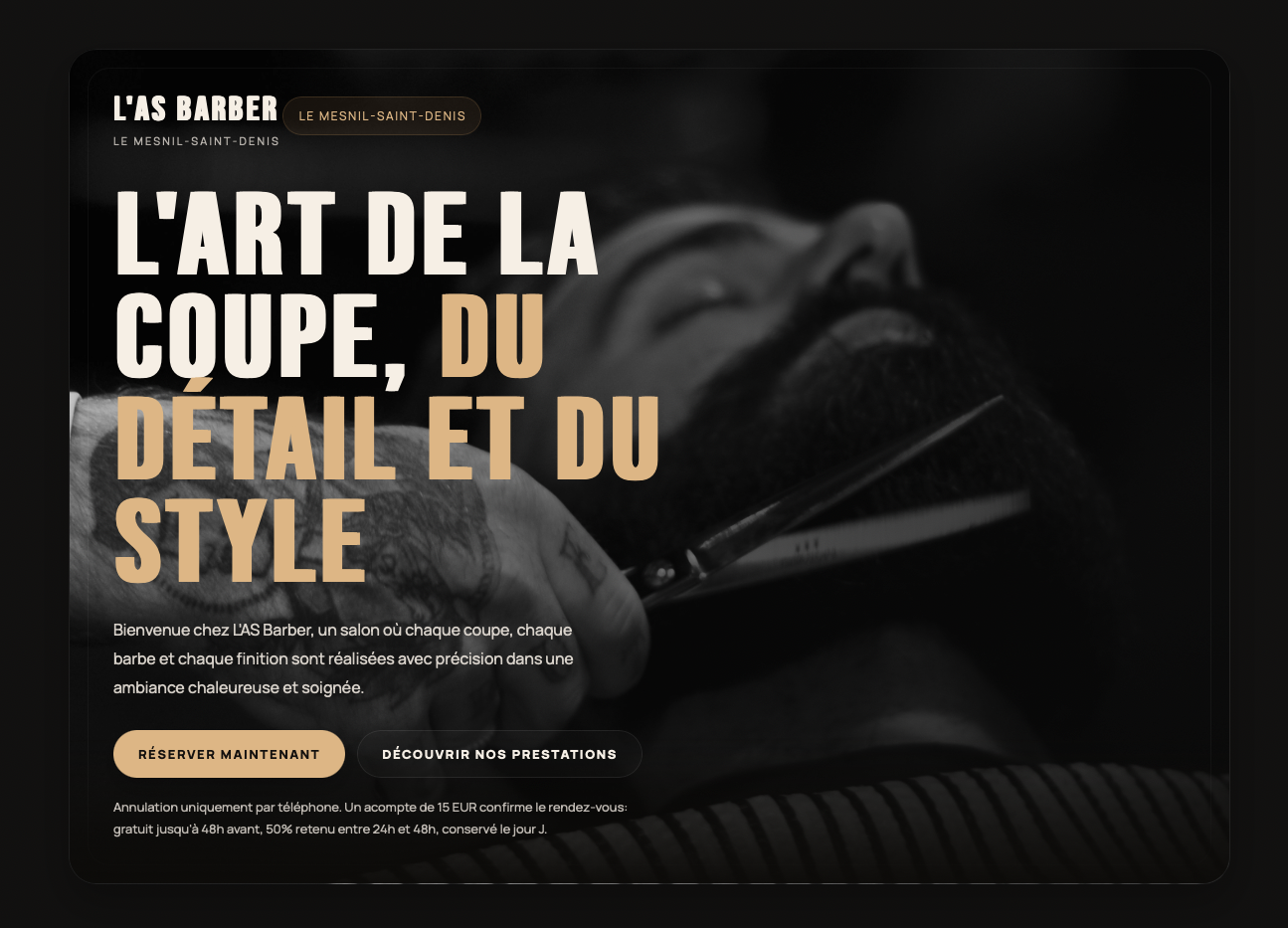 Aperçu hero de la case study L'AS BARBER avec l'univers visuel du salon et le parcours de réservation.